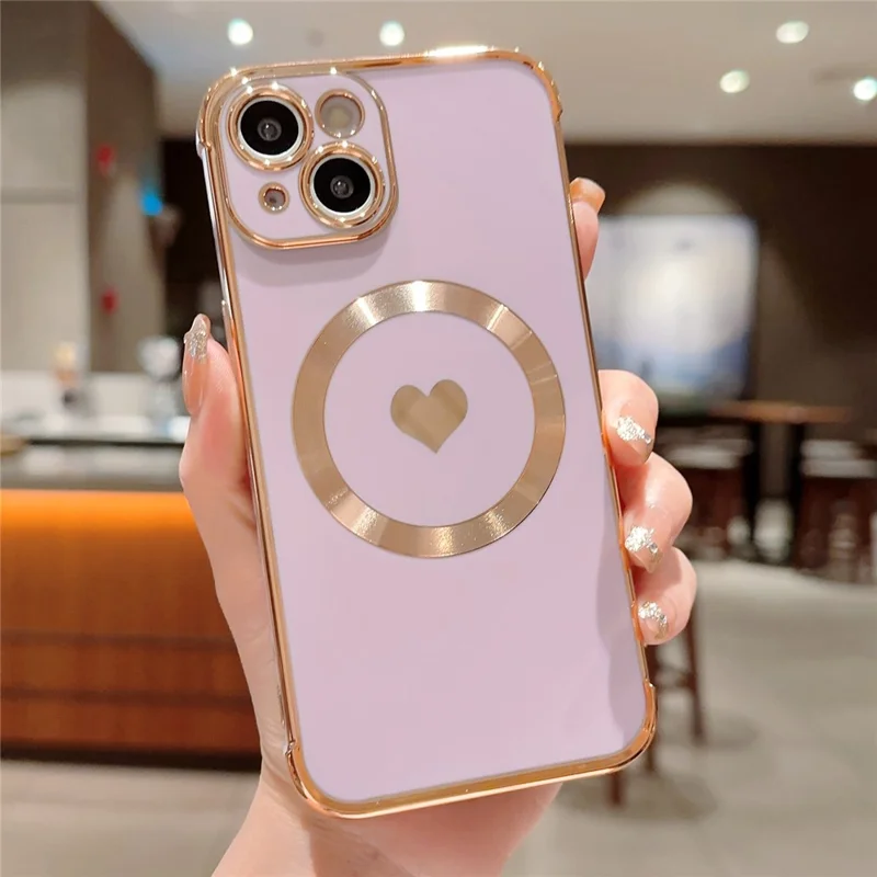 For iPhone 15 Magnetic Case Heart Pattern Electroplating TPU Phone Cover - Purple