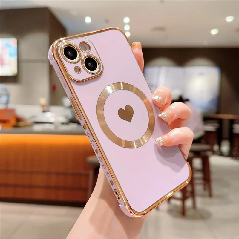 For iPhone 15 Magnetic Case Heart Pattern Electroplating TPU Phone Cover - Purple