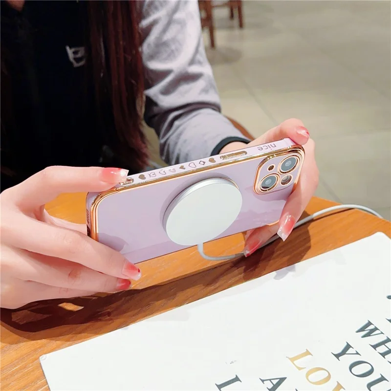 For iPhone 15 Magnetic Case Heart Pattern Electroplating TPU Phone Cover - Purple