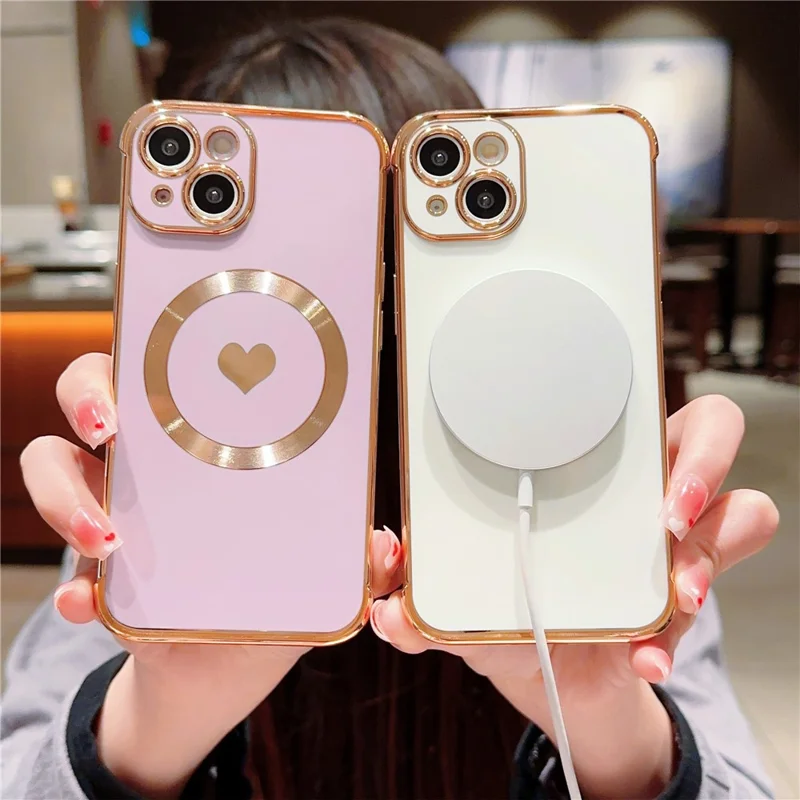 For iPhone 15 Magnetic Case Heart Pattern Electroplating TPU Phone Cover - Purple