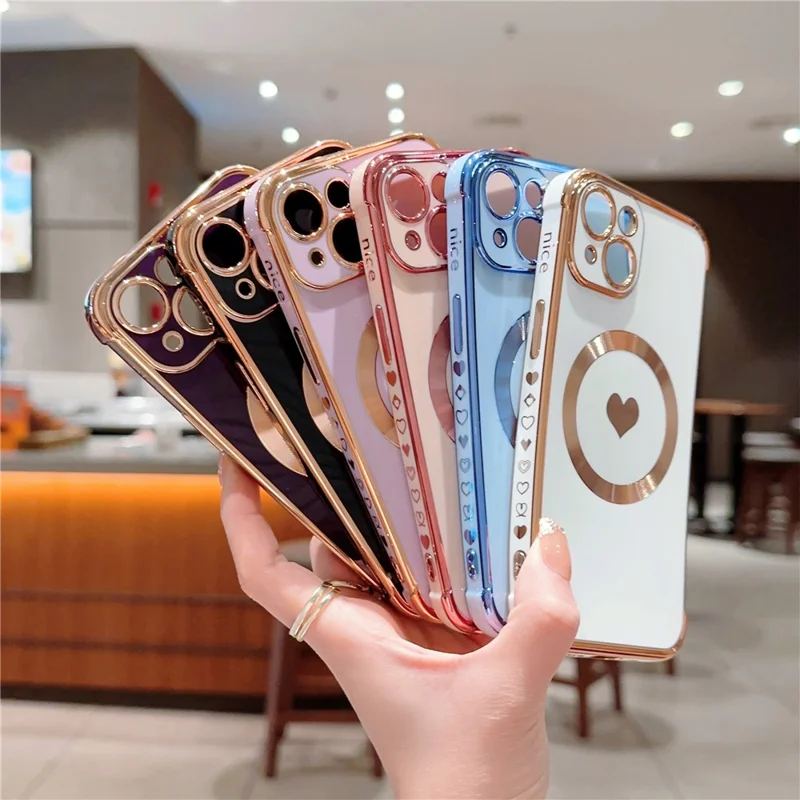 For iPhone 15 Magnetic Case Heart Pattern Electroplating TPU Phone Cover - Purple