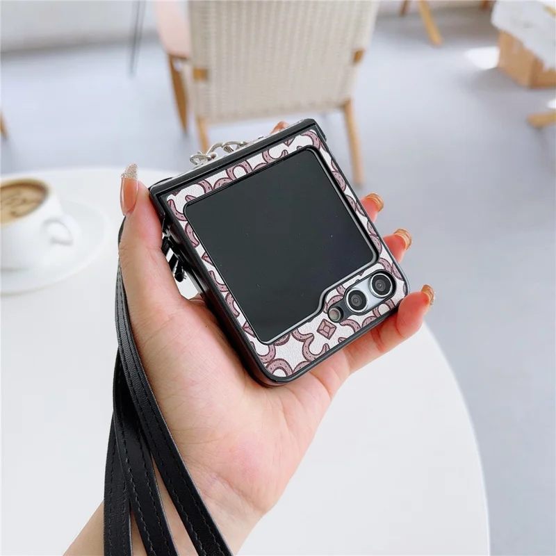 For Samsung Galaxy Z Flip7 FE 5G / Z Flip6 5G Case Floral Pattern PU Leather Coated PC Phone Cover with Crossbody Strap - Khaki