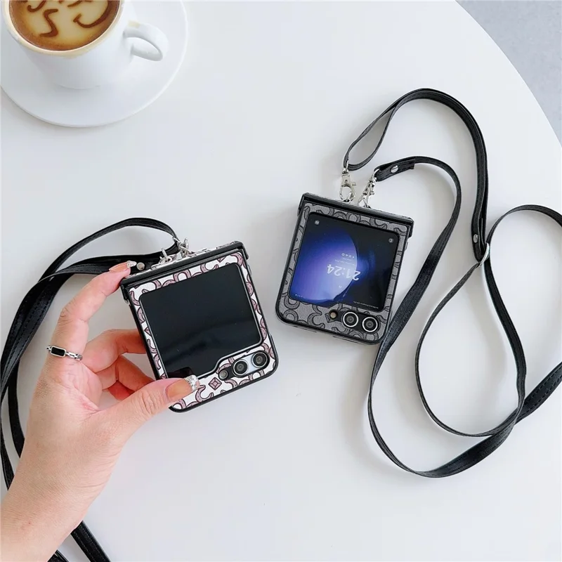 For Samsung Galaxy Z Flip7 FE 5G / Z Flip6 5G Case Floral Pattern PU Leather Coated PC Phone Cover with Crossbody Strap - Khaki