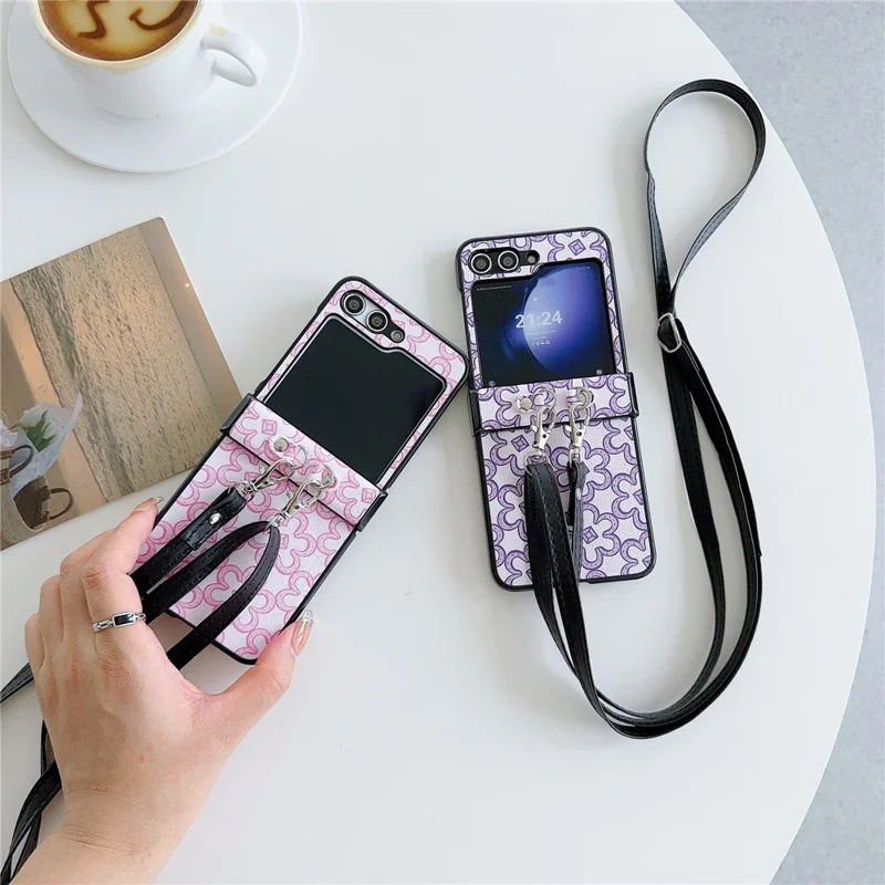 For Samsung Galaxy Z Flip7 FE 5G / Z Flip6 5G Case Floral Pattern PU Leather Coated PC Phone Cover with Crossbody Strap - Khaki