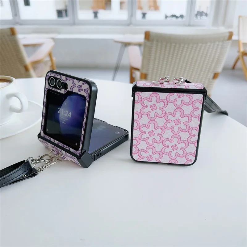 For Samsung Galaxy Z Flip7 FE 5G / Z Flip6 5G Case Floral Pattern PU Leather Coated PC Phone Cover with Crossbody Strap - Khaki