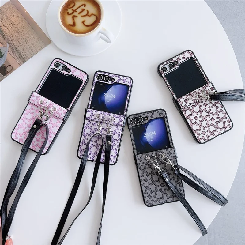 For Samsung Galaxy Z Flip7 FE 5G / Z Flip6 5G Case Floral Pattern PU Leather Coated PC Phone Cover with Crossbody Strap - Khaki
