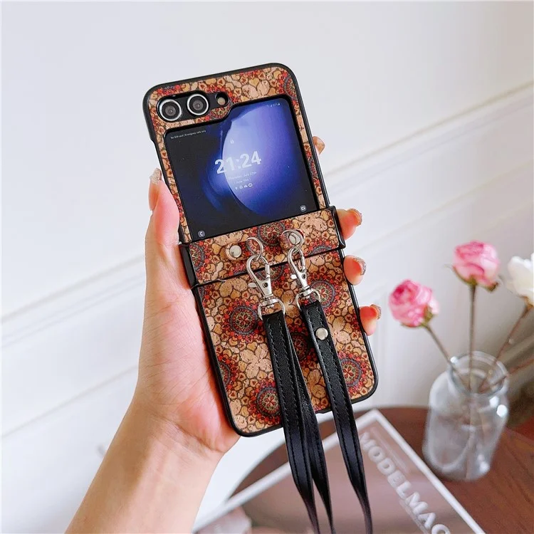 Para Samsung Galaxy Z Flip6 5G Floral Pattern PU Leather Coated PC Phone Cover with Crossbody Strap - Ethnic Floral