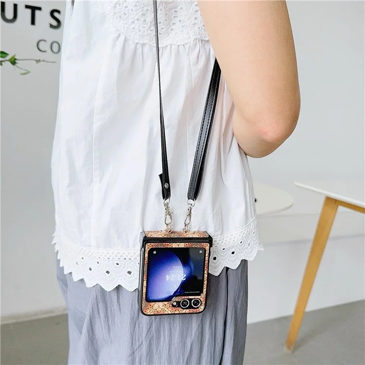 Para Samsung Galaxy Z Flip6 5G Floral Pattern PU Leather Coated PC Phone Cover with Crossbody Strap - Ethnic Floral