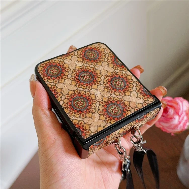 Para Samsung Galaxy Z Flip6 5G Floral Pattern PU Leather Coated PC Phone Cover with Crossbody Strap - Ethnic Floral