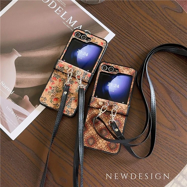 Para Samsung Galaxy Z Flip6 5G Floral Pattern PU Leather Coated PC Phone Cover with Crossbody Strap - Ethnic Floral