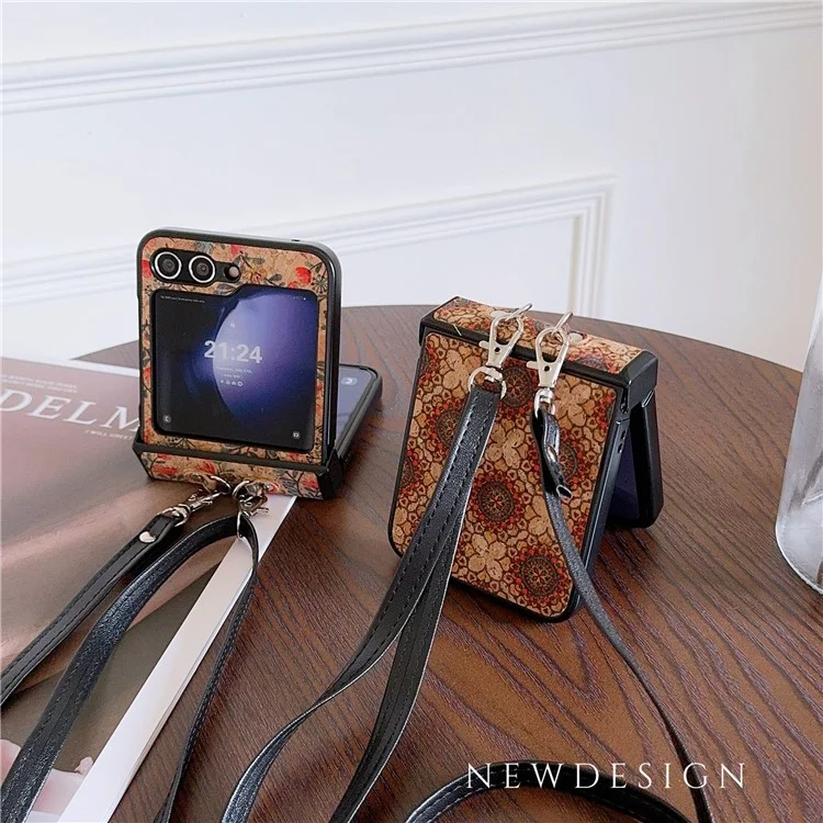 Para Samsung Galaxy Z Flip6 5G Floral Pattern PU Leather Coated PC Phone Cover with Crossbody Strap - Ethnic Floral