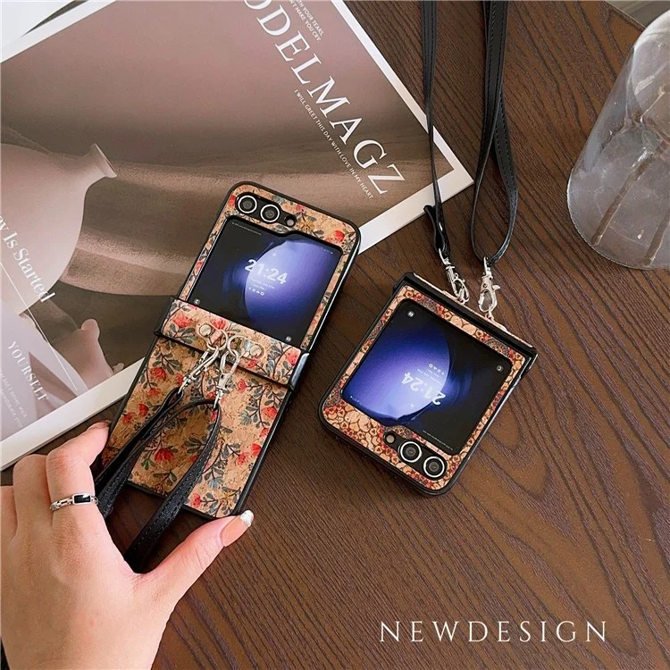 Para Samsung Galaxy Z Flip6 5G Floral Pattern PU Leather Coated PC Phone Cover with Crossbody Strap - Ethnic Floral