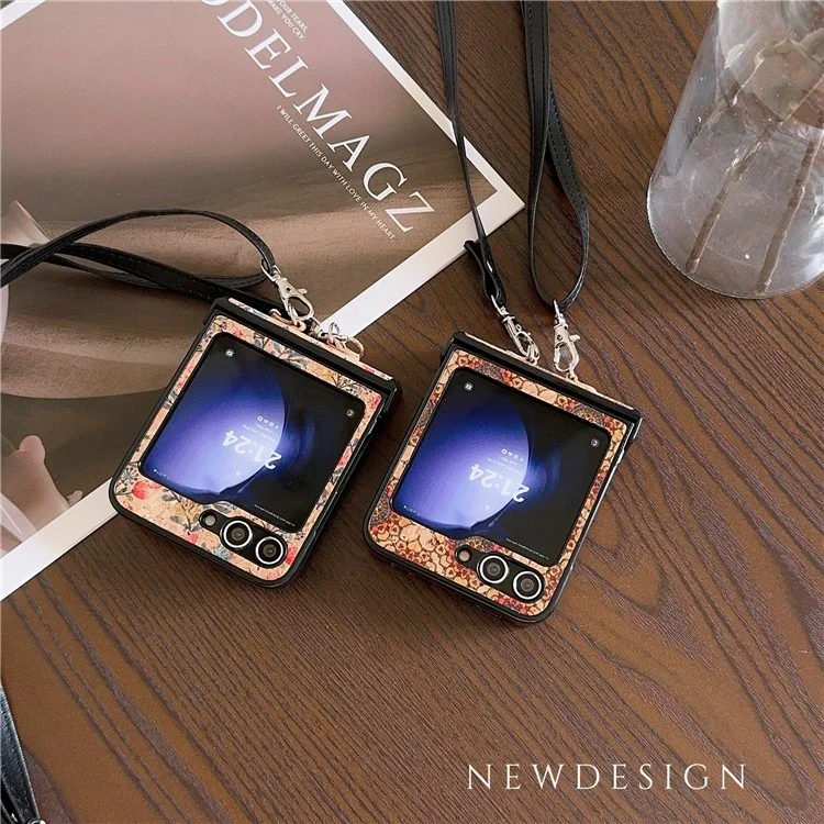 Para Samsung Galaxy Z Flip6 5G Floral Pattern PU Leather Coated PC Phone Cover with Crossbody Strap - Ethnic Floral