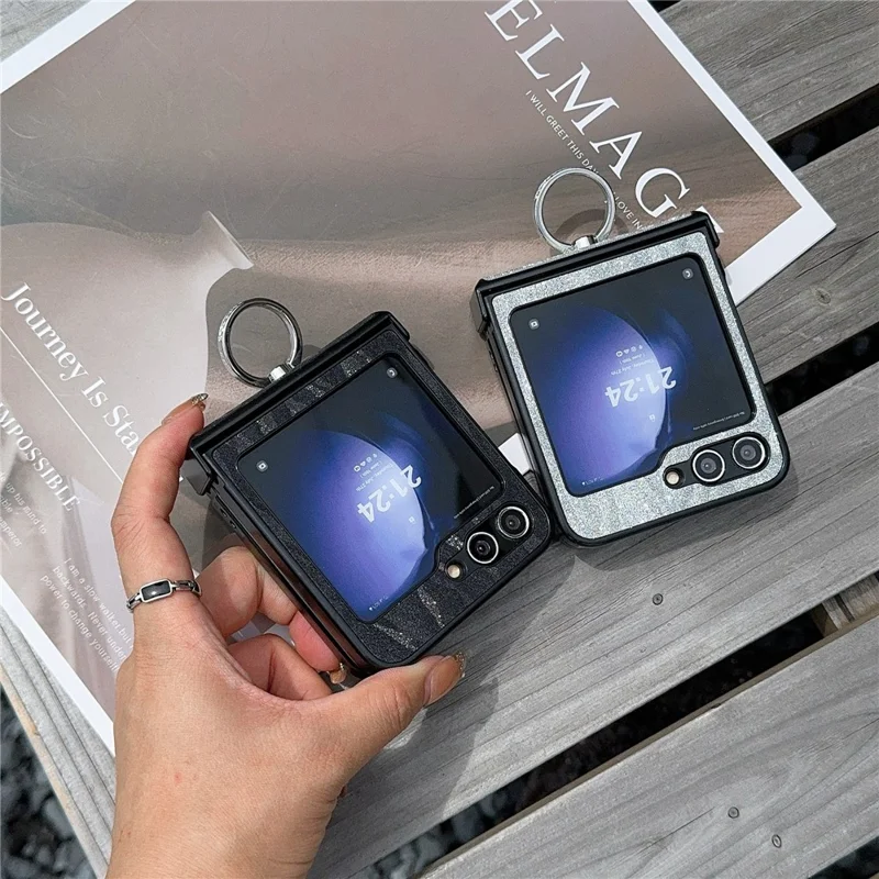 For Samsung Galaxy Z Flip7 FE 5G / Z Flip6 5G Feather Pattern PU Leather Coated PC Phone Cover with Ring Kickstand - Black