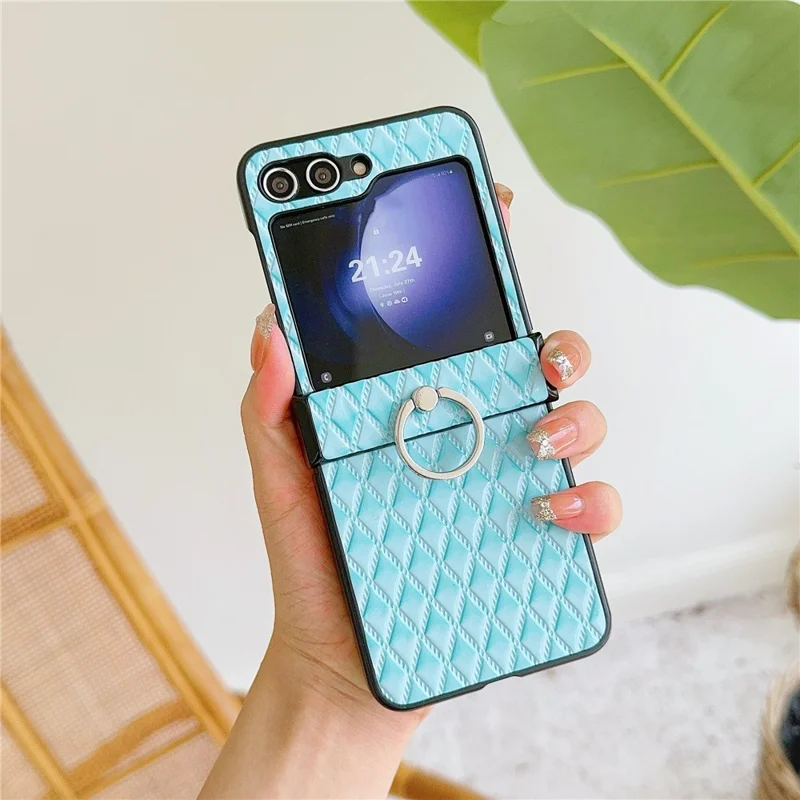 For Samsung Galaxy Z Flip7 FE 5G / Z Flip6 5G Rhombus Imprinted PU Leather Coated PC Phone Cover with Ring Kickstand - Baby Blue