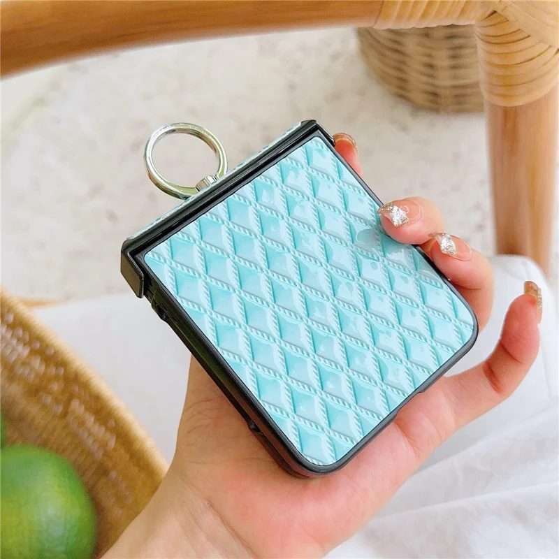 For Samsung Galaxy Z Flip7 FE 5G / Z Flip6 5G Rhombus Imprinted PU Leather Coated PC Phone Cover with Ring Kickstand - Baby Blue