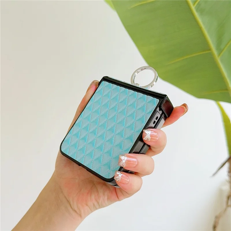 For Samsung Galaxy Z Flip7 FE 5G / Z Flip6 5G Rhombus Imprinted PU Leather Coated PC Phone Cover with Ring Kickstand - Baby Blue