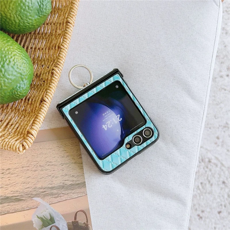 For Samsung Galaxy Z Flip7 FE 5G / Z Flip6 5G Rhombus Imprinted PU Leather Coated PC Phone Cover with Ring Kickstand - Baby Blue