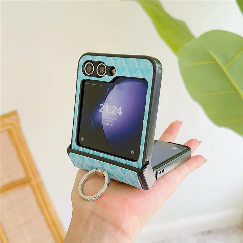 For Samsung Galaxy Z Flip7 FE 5G / Z Flip6 5G Rhombus Imprinted PU Leather Coated PC Phone Cover with Ring Kickstand - Baby Blue