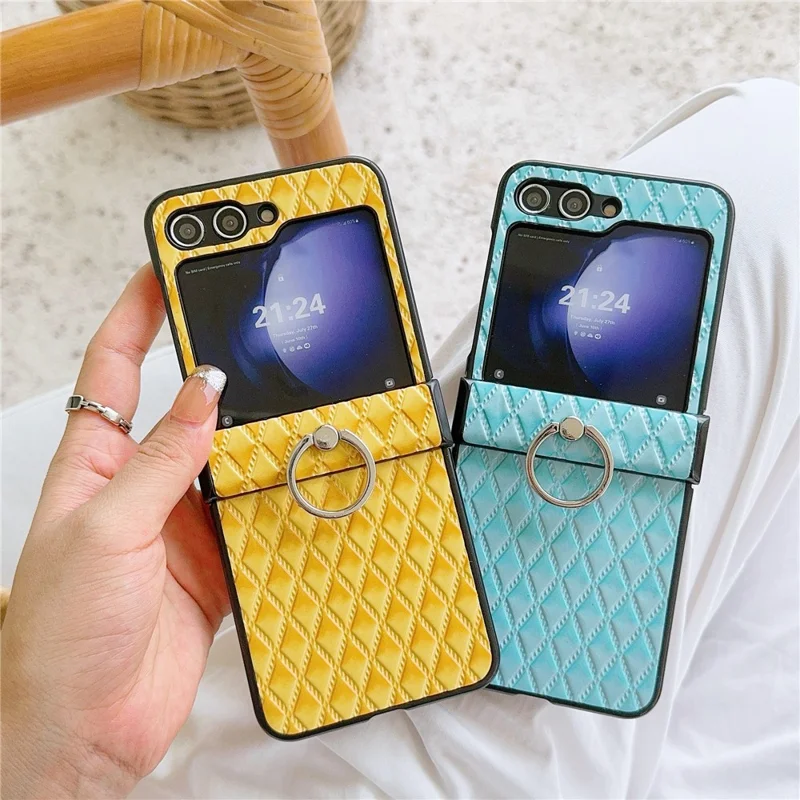 For Samsung Galaxy Z Flip7 FE 5G / Z Flip6 5G Rhombus Imprinted PU Leather Coated PC Phone Cover with Ring Kickstand - Baby Blue