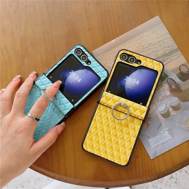 For Samsung Galaxy Z Flip7 FE 5G / Z Flip6 5G Rhombus Imprinted PU Leather Coated PC Phone Cover with Ring Kickstand - Baby Blue