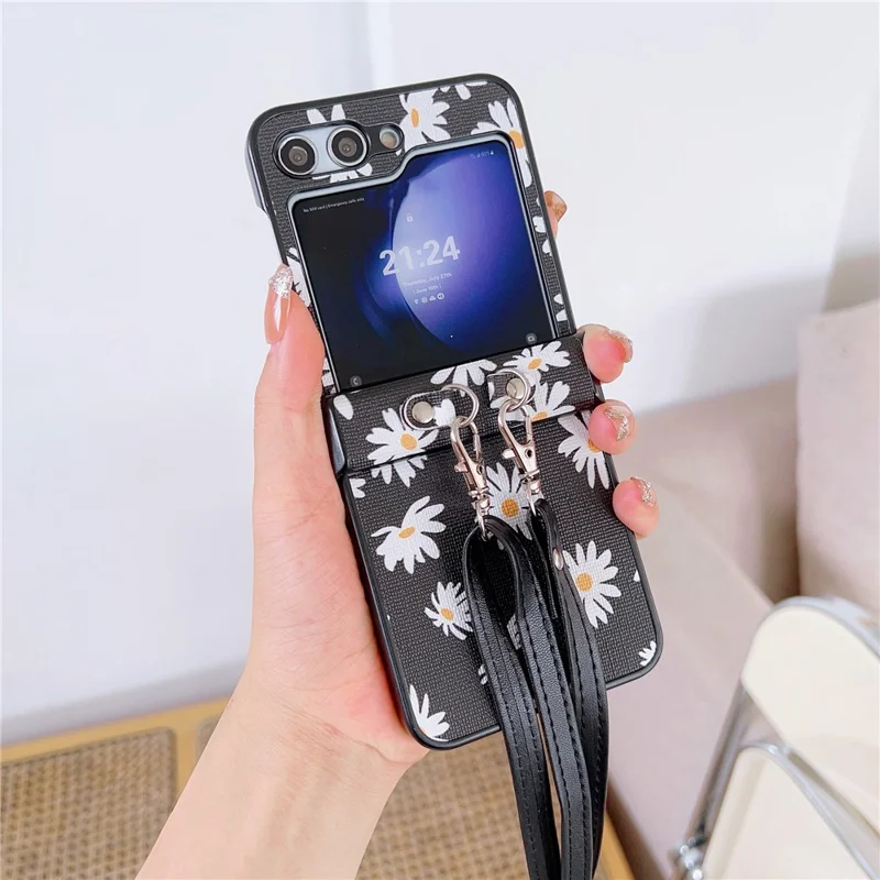 For Samsung Galaxy Z Flip7 FE 5G / Z Flip6 5G Chrysanthemum Pattern PU Leather + PC Phone Cover with Crossbody Strap - Black