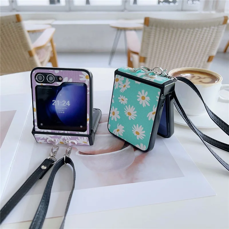 For Samsung Galaxy Z Flip7 FE 5G / Z Flip6 5G Chrysanthemum Pattern PU Leather + PC Phone Cover with Crossbody Strap - Black