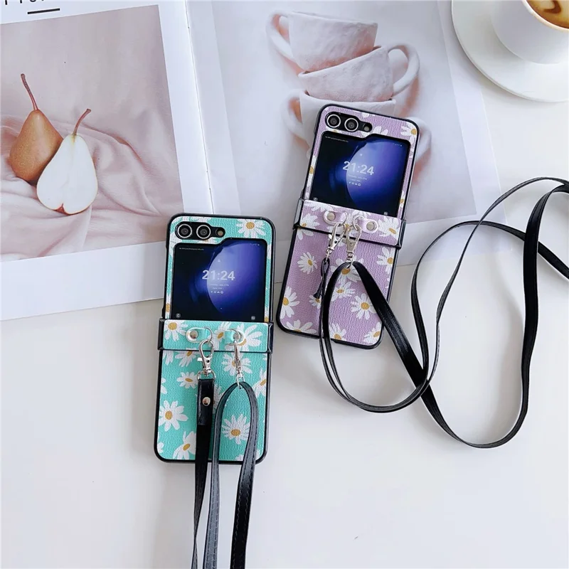 For Samsung Galaxy Z Flip7 FE 5G / Z Flip6 5G Chrysanthemum Pattern PU Leather + PC Phone Cover with Crossbody Strap - Black