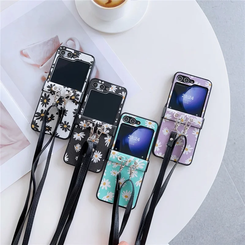 For Samsung Galaxy Z Flip7 FE 5G / Z Flip6 5G Chrysanthemum Pattern PU Leather + PC Phone Cover with Crossbody Strap - Black