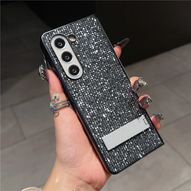 Für Samsung Galaxy Z Fold5 5G Case Rhinestone Dekor PU-Leder beschichtete PC-Handyhülle mit Ständer - Schwarz / Grau
