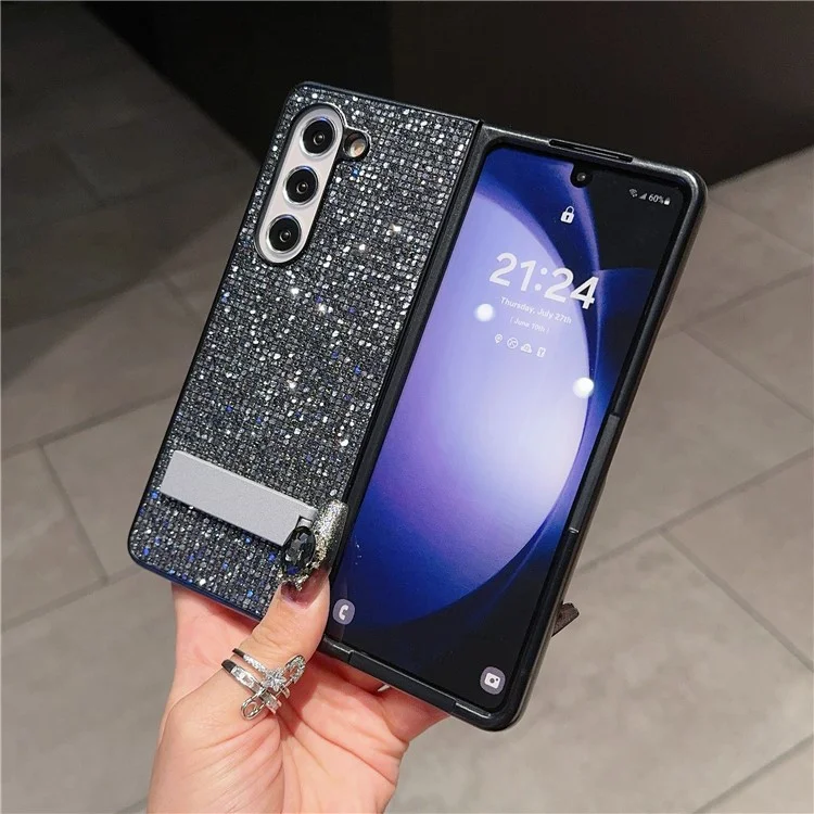 Für Samsung Galaxy Z Fold5 5G Case Rhinestone Dekor PU-Leder beschichtete PC-Handyhülle mit Ständer - Schwarz / Grau