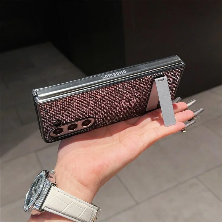 Für Samsung Galaxy Z Fold5 5G Case Rhinestone Dekor PU-Leder beschichtete PC-Handyhülle mit Ständer - Schwarz / Grau