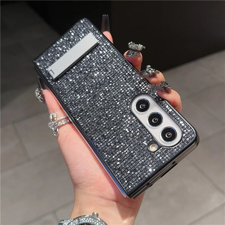 Für Samsung Galaxy Z Fold5 5G Case Rhinestone Dekor PU-Leder beschichtete PC-Handyhülle mit Ständer - Schwarz / Grau