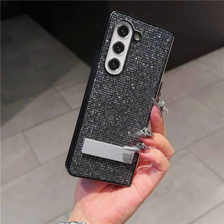 Für Samsung Galaxy Z Fold5 5G Case Rhinestone Dekor PU-Leder beschichtete PC-Handyhülle mit Ständer - Schwarz / Grau