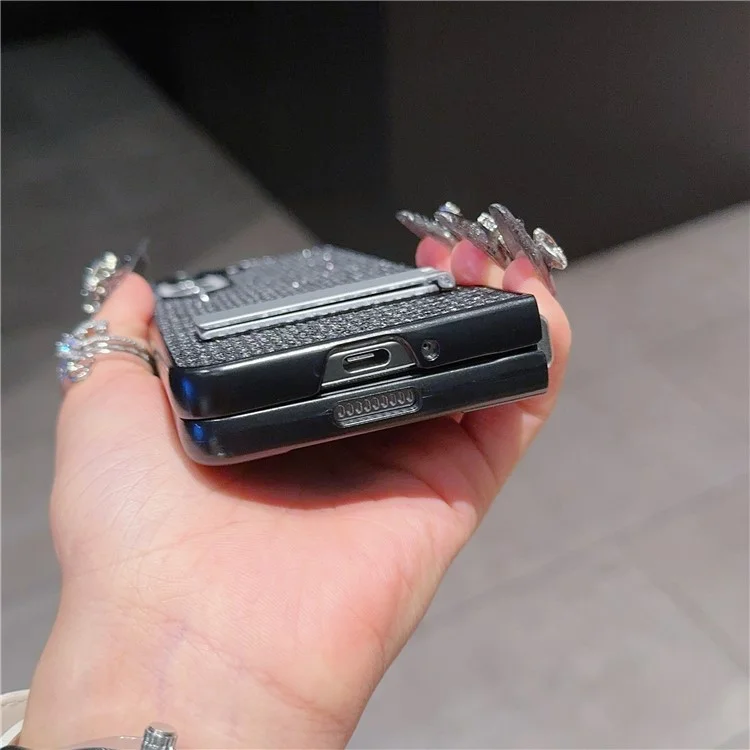 Für Samsung Galaxy Z Fold5 5G Case Rhinestone Dekor PU-Leder beschichtete PC-Handyhülle mit Ständer - Schwarz / Grau