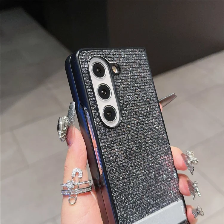 Für Samsung Galaxy Z Fold5 5G Case Rhinestone Dekor PU-Leder beschichtete PC-Handyhülle mit Ständer - Schwarz / Grau