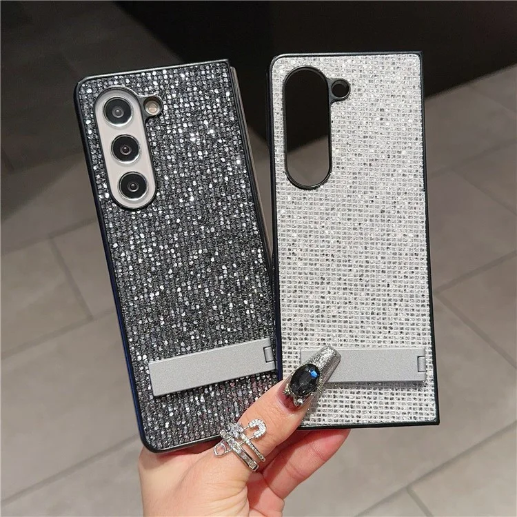 Für Samsung Galaxy Z Fold5 5G Case Rhinestone Dekor PU-Leder beschichtete PC-Handyhülle mit Ständer - Schwarz / Grau