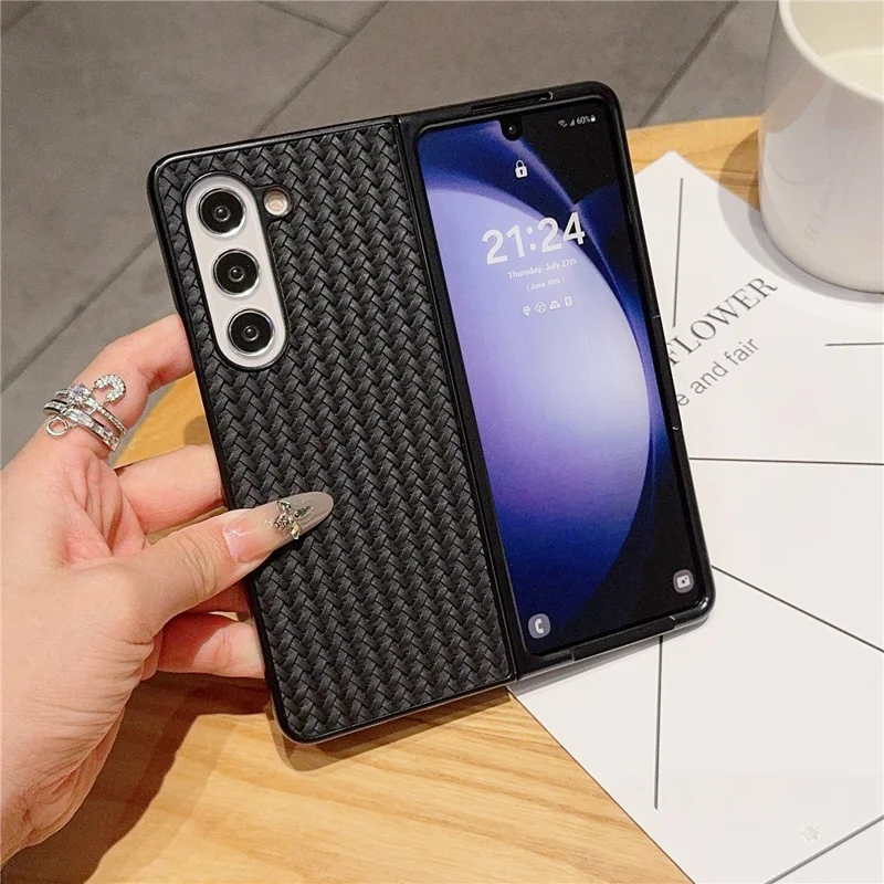 Para Samsung Galaxy Z Fold5 5G Case Woven Texture PU Leather Coated PC Phone Cover - Preto