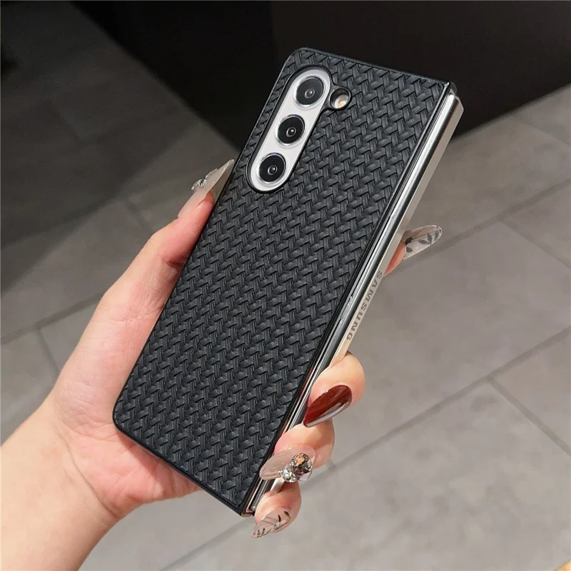 Para Samsung Galaxy Z Fold5 5G Case Woven Texture PU Leather Coated PC Phone Cover - Preto