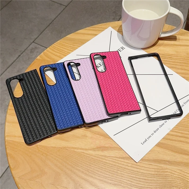 Para Samsung Galaxy Z Fold5 5G Case Woven Texture PU Leather Coated PC Phone Cover - Preto