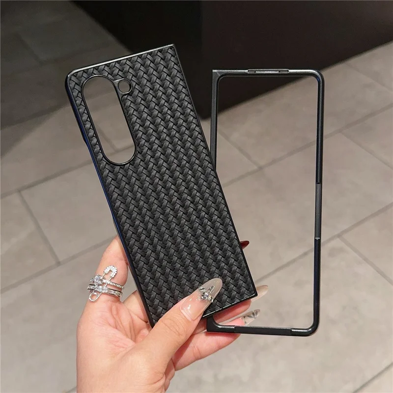Per Samsung Galaxy Z Fold6 5G Case Woven Texture PU Leather Coated PC Phone Cover - Nero