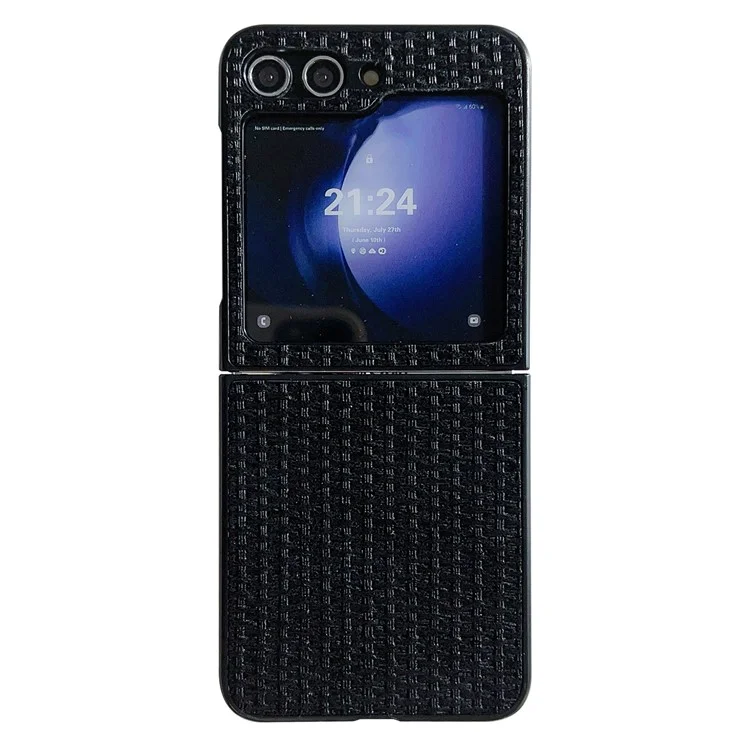 Para Samsung Galaxy Z Flip6 5G Case Tweed Pattern Leather Coated PC Phone Cover Two-Piece Design - Black