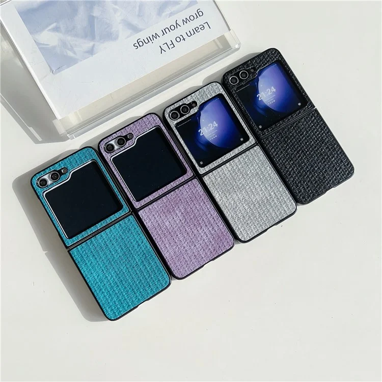 Para Samsung Galaxy Z Flip6 5G Case Tweed Pattern Leather Coated PC Phone Cover Two-Piece Design - Black