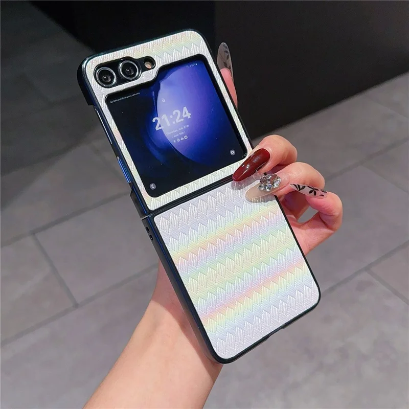 Para Samsung Galaxy Z Flip6 5G / Z Flip5 5G Case Two-Piece Design Leather + PC Laser Grid Phone Cover - Branco