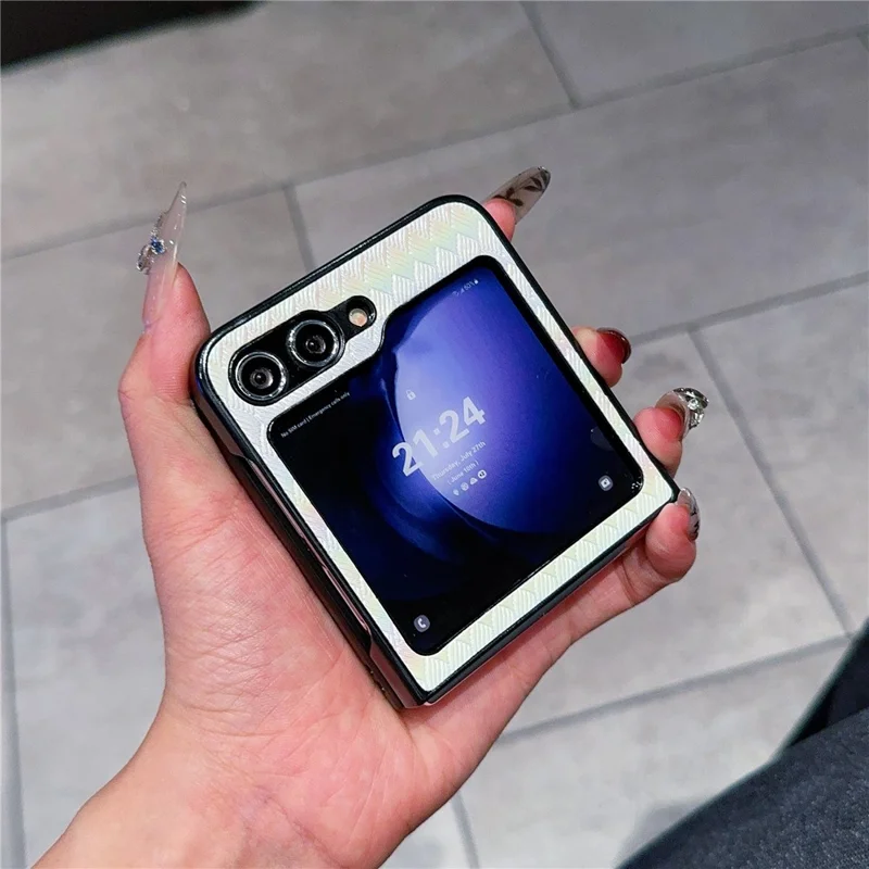 Para Samsung Galaxy Z Flip6 5G / Z Flip5 5G Case Two-Piece Design Leather + PC Laser Grid Phone Cover - Branco