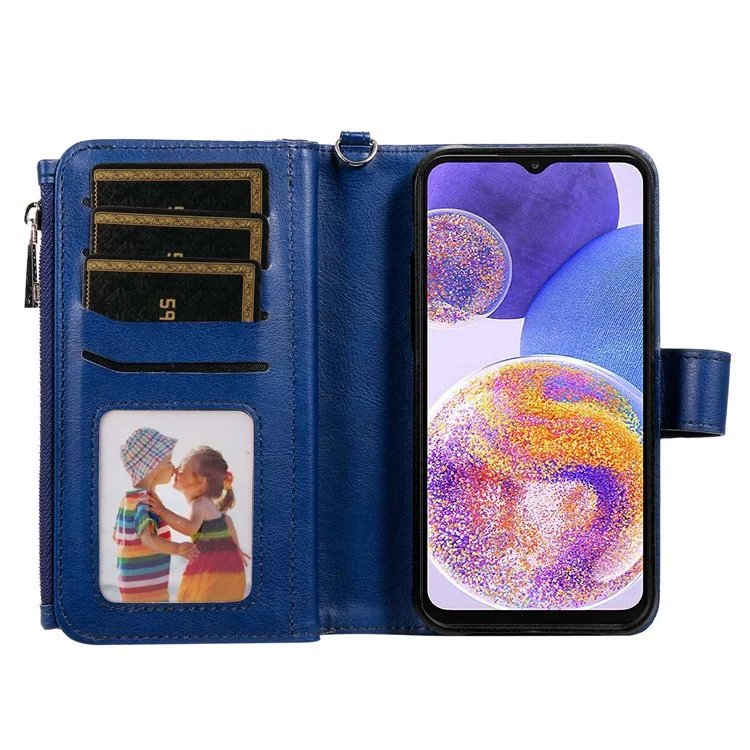 KT Multi-functional Series-4 para Samsung Galaxy A23 5G (Versão Global) / 4G Capa de Telefone Móvel Suporte Stand Carteira de Couro PU Zipper Pocket Case - Azul