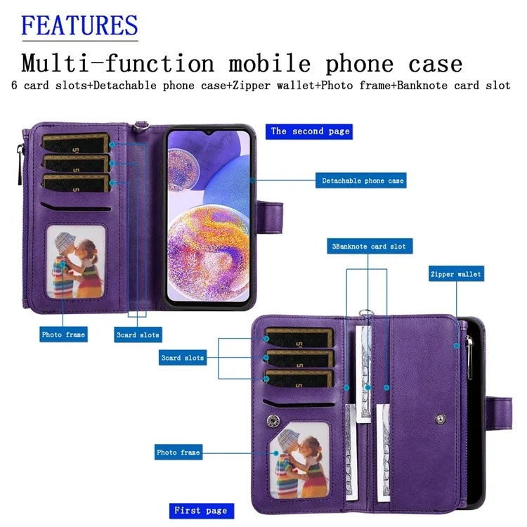 KT Multi-functional Series-4 para Samsung Galaxy A23 5G (Versão Global) / 4G Capa de Telefone Móvel Suporte Stand Carteira de Couro PU Zipper Pocket Case - Azul