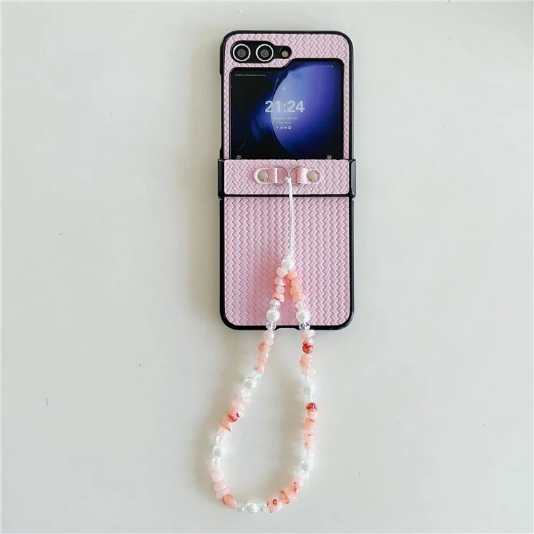 Para Samsung Galaxy Z Flip6 5G Funda con pulsera de cuentas Funda de teléfono con revestimiento de cuero Textura de estera de paja - Rosa