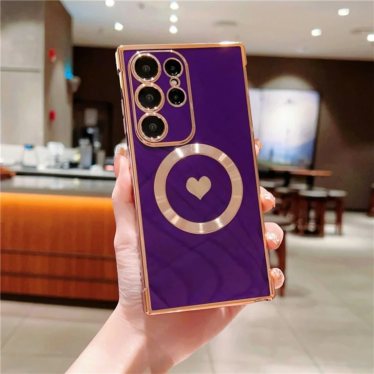 Für Samsung Galaxy S24 Ultra Magnetisches Handy-Etui Elektroplattierung Herz TPU-Abdeckung - Dunkelviolett