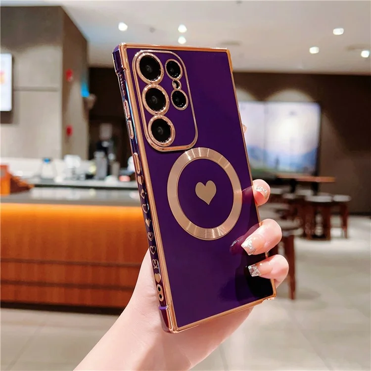 Für Samsung Galaxy S24 Ultra Magnetisches Handy-Etui Elektroplattierung Herz TPU-Abdeckung - Dunkelviolett